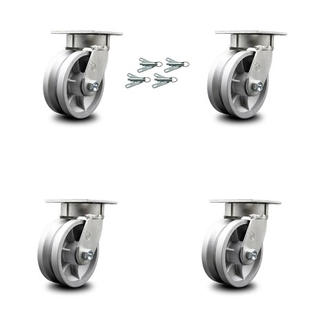 Service Caster 5 Inch Kingpinless V Groove Semi Steel Wheel Swivel Caster Set with Swivel Lock SCC-KP30S520-VGR-BSL-4